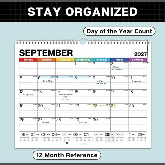 Dunwell 12x15 Wall Academic Calendar 2026-2027 (Colorful), Use July 2026 to December 2027, Large Lined 12 x 15 Monthly Hanging Calendar, Professional Styling for Home Office or School, Premium Paper