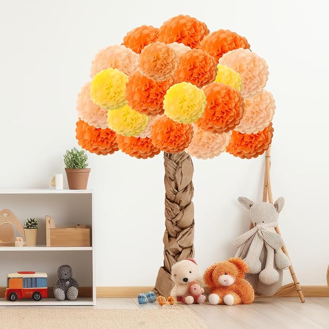 Whaline Fall Classroom Tree Bulletin Board Set 3D Classroom Wall Decor Kit 1 Roll Kraft Paper with 28 Paper Pompoms Glue Points for Autumn Party School Chalkboard Office (Orange,8, 10, 12 Inch)
