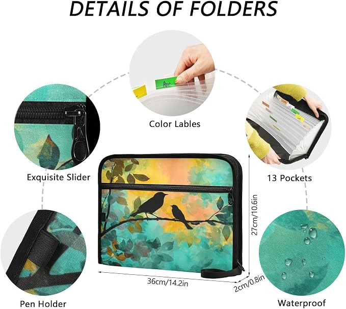 Black Bird Orange Green Accordion File Organizer Expanding Document Folder with 13 Pockets Portable File Folder for A4 Letter Size