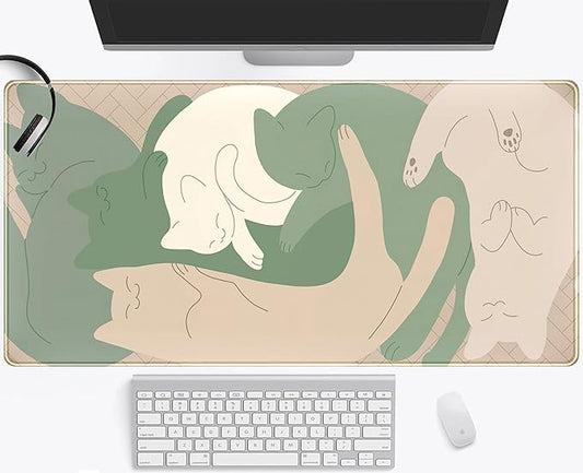 Cute Sleeping Cats Desk Mat Matcha Green Desk Pad, Minimalist Boho Mouse Pad XXL, Cream Tan Gaming Deskmat, Large Kawaii Keyboard Mat, Fun Office Decor Desk Accessories for Women 31.5"x15.75"