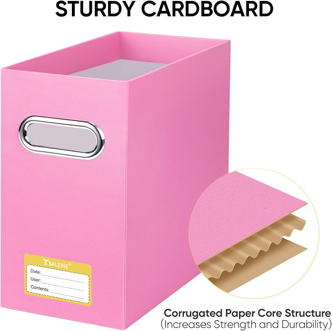 BALEINE File Organizer Box, Cardboard File Folder Organizer with Handle for Letter Size, Portable Collapsible Hanging Filing Box for Home Office Document Storage (4 Pack, Pink)