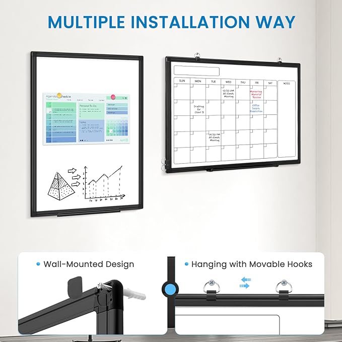 Monthly Calendar Dry Erase Whiteboard, 30" x 20" Magnetic Calendar White Board, Double-Sided Portable Board with Black Aluminium Frame for Office, Kitchen, School, Home