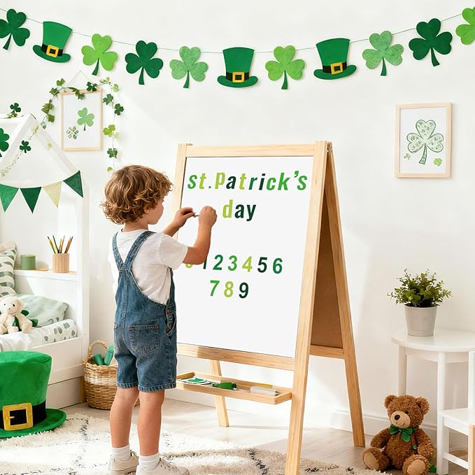 FYSUIMU 134 Pcs St. Patrick's Day Bulletin Board Letters Alphabet Number Symbol Paper Cutouts Green Colored Decor Letters Combo Set with 200 Pcs Glue Points for Home Classroom Irish Party