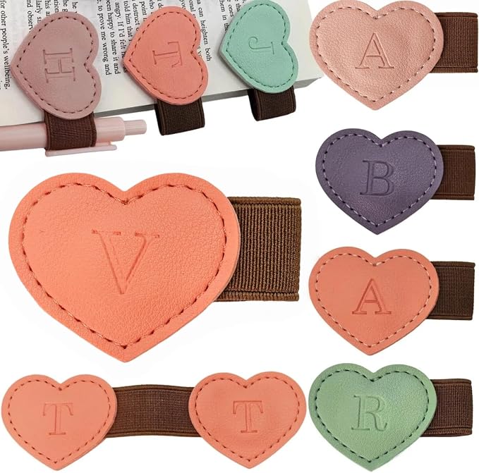 Personalized Magnetic Leather Heart Bookmark with Pen Holder - 26 Letters Custom Book Mark Notebook Pencil Loop with Initial Book Marker for Readers, Book Lovers- Gifts for Women Men(Black & Orange,V)