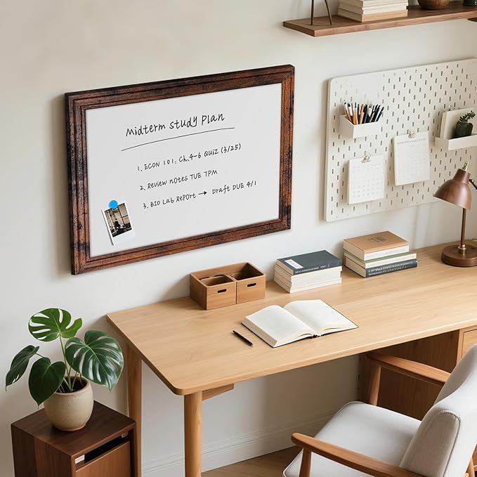 White Board for Wall, 24''x18'' Magnetic Dry Erase Board, Decorative Whiteboard with Brown Vintage Wooden Frame, Hanging Writing Board for Home Office School Dorm