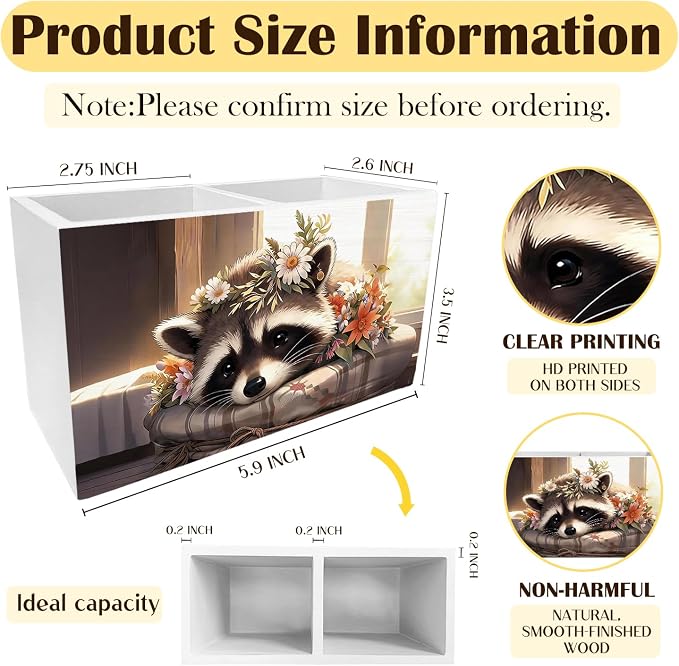 Rustic Raccoon Pen Holder for Desk, Gifts for Raccoon Lovers Pencil Organizer, Farmhouse Floral Trash Panda Wooden Box Sign Desk Decor for Home Office Decoration