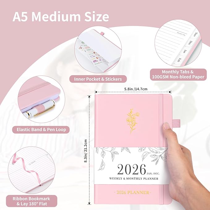 Planner 2026, Weekly and Monthly Planner with Tabs from Jan 2026 - Dec 2026, A5 Hardcover Academic Calendar with Date for School & Office Schedule, 5.8" x 8.3", Pink