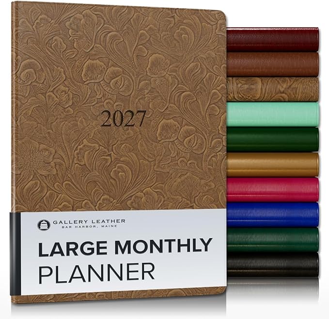 Gallery Leather Large Monthly Planner 2027, Elegantly Bound Calendar Planner and Notebook with Stylish Gold-Gilded Page Edges, 18 Months - Floral Espresso - 9.75x7.5"