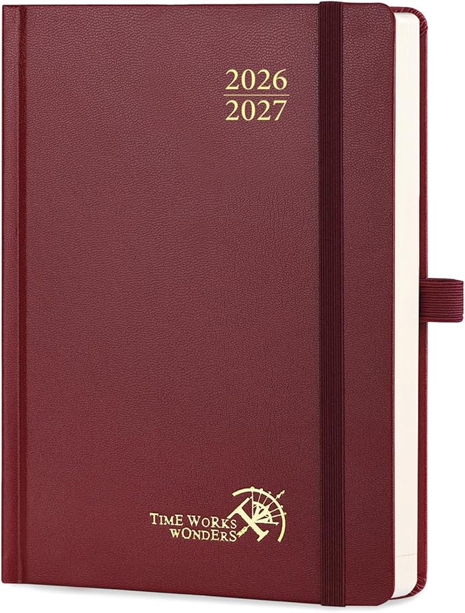 POPRUN 2026-2027 Daily Planner One Page Per Day (Medium - 5.75" x 8.5") - Academic Calendar Book(July 2026 - June 2027), 2026 Day Appointment Book with Pen Holder, Hardcover - Burgundy