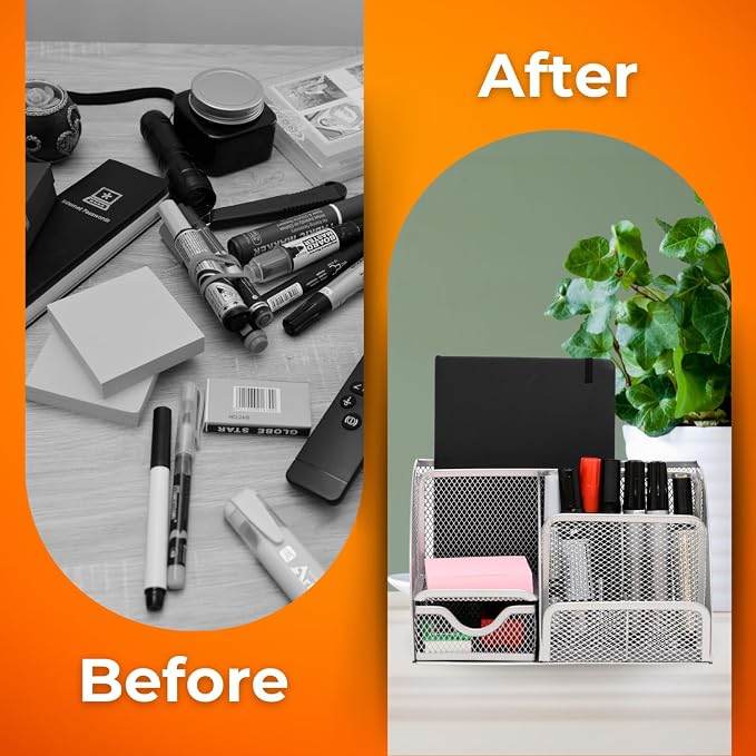 Mesh Desk Organizers with Compartments, 6-Section Desktop Storage Caddy with Drawer for Home, Office, and School, Sticky Notes, Pen & Pencil Holder, Silver