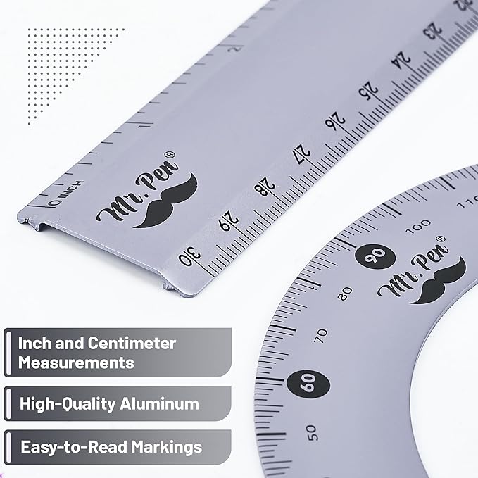 Mr. Pen- Metal Geometry Kit, 4 Pack, 45° & 30°/60° Set Squares, 6" Protractor & 12" Ruler, Durable Metal Drafting Tools for Technical Drawing, Math, Engineering & Architecture
