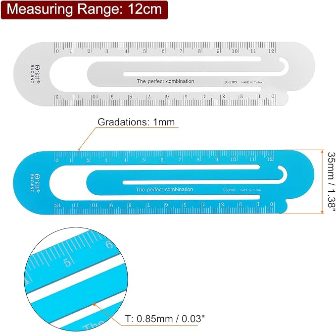 HARFINGTON Straight Ruler 12cm Metric Bookmark Clip Ruler Metal Aluminum Alloy Scale on Both Sides Measuring Scale Tool for Measure Study Reading Classroom Office, Blue & Silver Tone