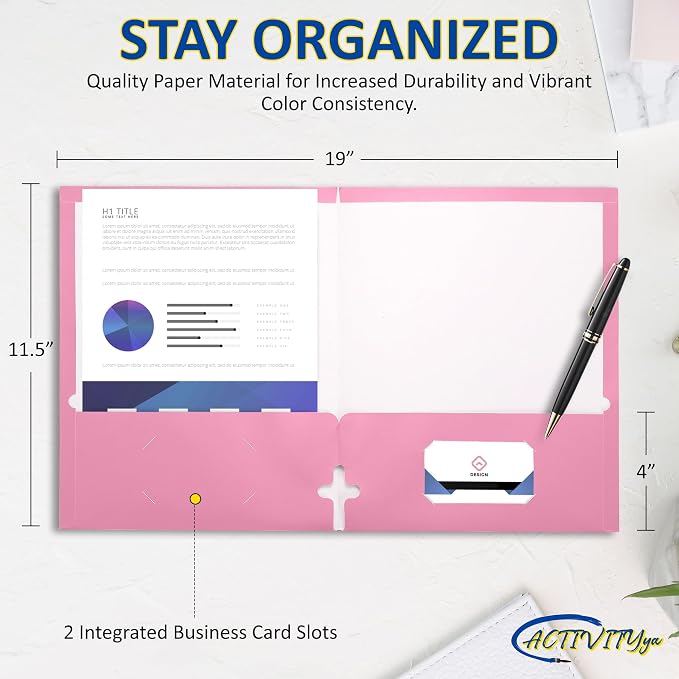 10 Pack Two Pocket Folders, Pink, Strong Thick Paper Folders, for Letter Size, by ACTIVITYya