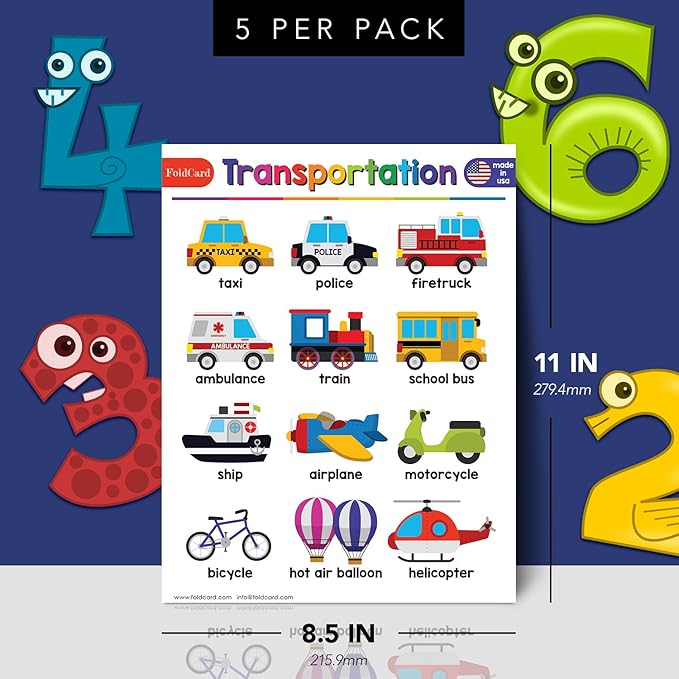 Transportation Chart for Preschool to Grade 1 – Bright and Colorful Educational Visual/Learning Aid Poster Decoration for Classroom or Home | Glossy, Durable Cardstock | 8.5" x 11" | 5 per Pack