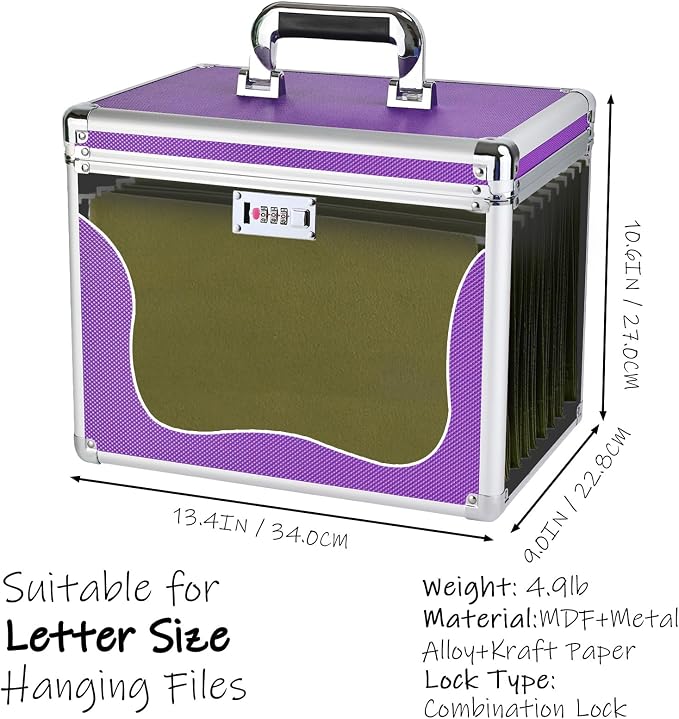 File Storage Cabinet for Letter Size Hanging File Folders, Suspension File Holder, Document Organizer Filing Lockbox in Office and Home with Combination Lock and 10-pack Hanging Files (Purple, Letter)