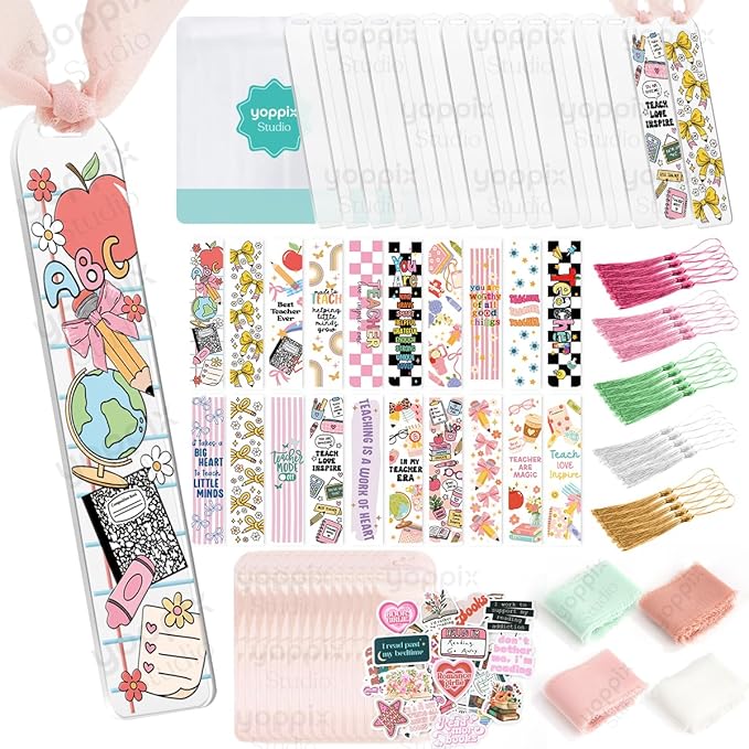 180 Pcs Acrylic Bookmark Blanks- 20 Set Bookmark Making Kit with 20 UV DTF Stickers About Teacher Theme 20 Tassels 20 Ribbon 80 Bookish Stickers for DIY Your Crafts Gift for Teacher