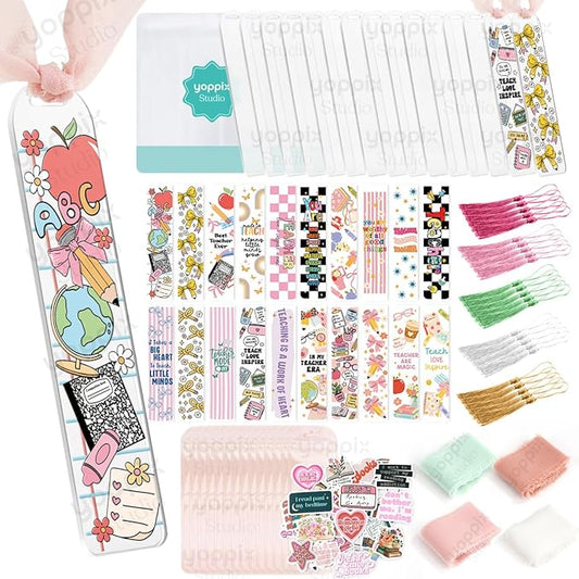 180 Pcs Acrylic Bookmark Blanks- 20 Set Bookmark Making Kit with 20 UV DTF Stickers About Teacher Theme 20 Tassels 20 Ribbon 80 Bookish Stickers for DIY Your Crafts Gift for Teacher
