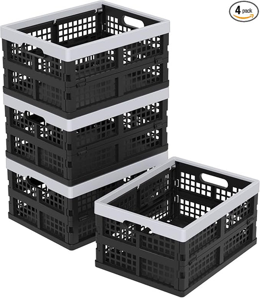 15L Plastic Collapsible Storage Crates, Folding Crates Storage Basket, Pack of 4, Black