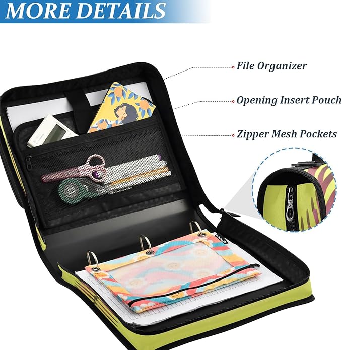 Kcldeci A Closeup Yellow Softball Laces Baseball Zipper Binder，Paper Organizer Organizer 1.5inch 3 Ring Binder Bag Expanding File Folder for School and Office