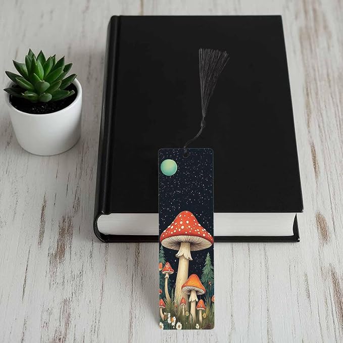 Mushrooms Bookmarks 5 Pcs with Tassels Dark Night Moon Stars Flowers Trees Wooden Bookmarks for Reading Women Students Teacher Reader