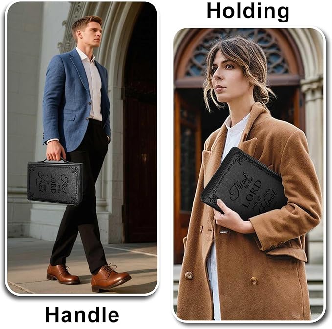 Extra Large Bible Cover Case for Men Women, Mens Bible Covers Cases Leather Bible Cover Carrying Case for Women Men with Handle Zippered Bible Book Cover Holder Bag Case(Black, XL)