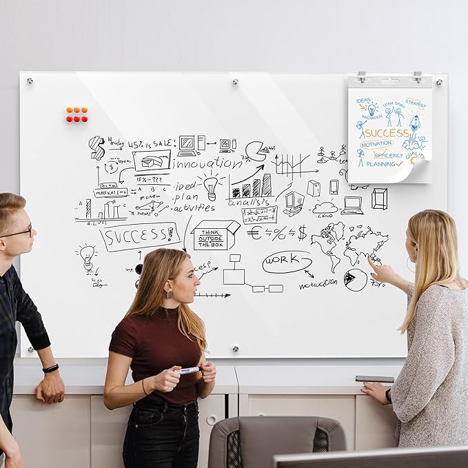 MaxGear Glass Whiteboard Wall Mounted, Frameless Magnetic Dry Erase Board, Tempered Glass, Steel-Backed, Non-Porous Smooth Surface, Floating Design, Accessories Included, for Office Home Classroom