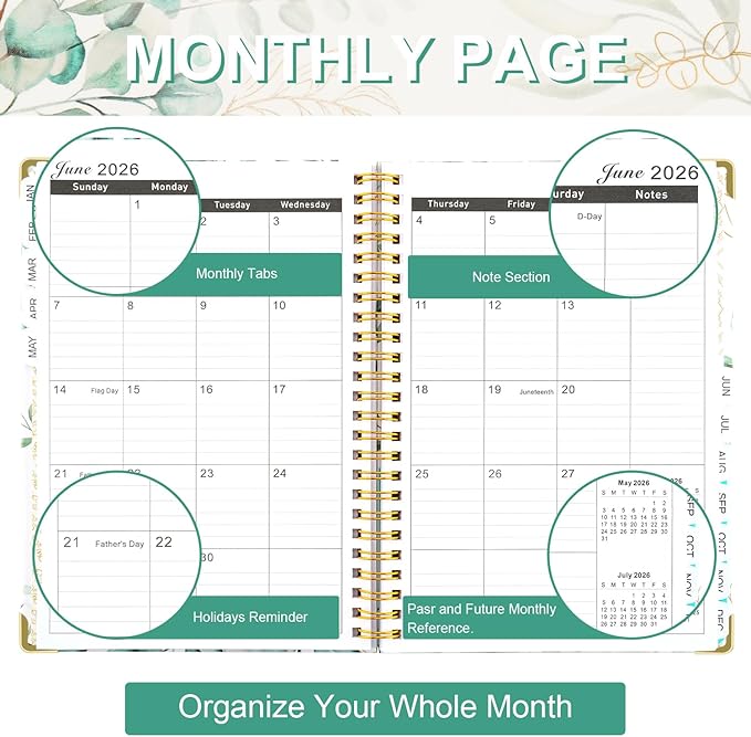 2026 Planner, Daily Weekly Monthly Planner with Tabs, 2026 monthly planner with Color Pen, Sticky Notes and Stickers, 6.2" x 8.5", Durable Twin Wire Binding, Storage Pocket -Eucalyptus Leaves Green
