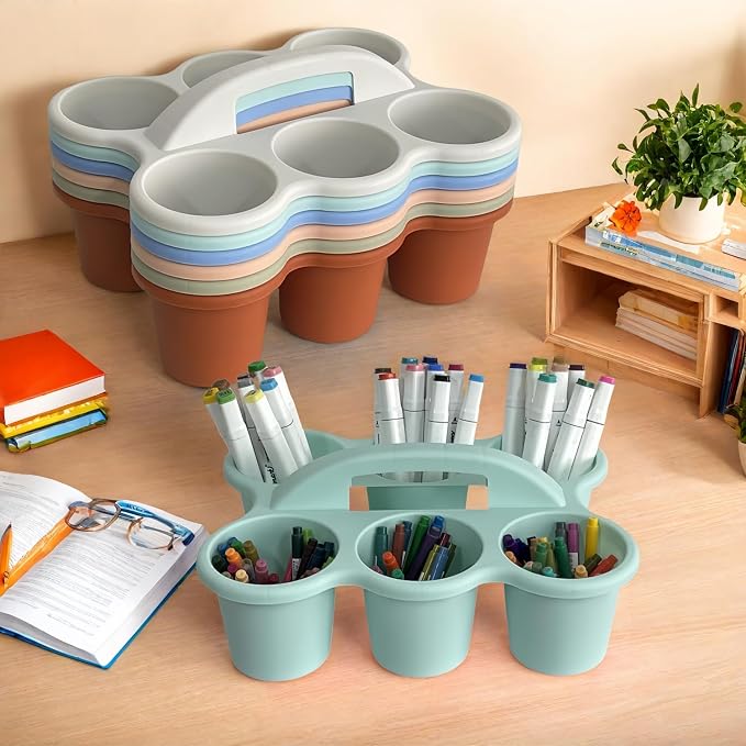 RAUVOLFIA 6 Pack Classroom Caddy Storage Basket with Handle, Plastic Drink Cup Caddy Holder, 6 Compartments for Kids, Table, Office, Arts, Crafts, Crayon, Marker, Pencil, School Supplies (Boho)