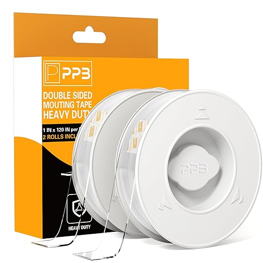 PPB 2 Rolls Double Sided Tape Heavy Duty - Removable Mounting Tape for Poster Carpet Picture Hanging Strip Rug Wall Outdoor - Clear & Strong Nano Tape Adhesive Multipurpose