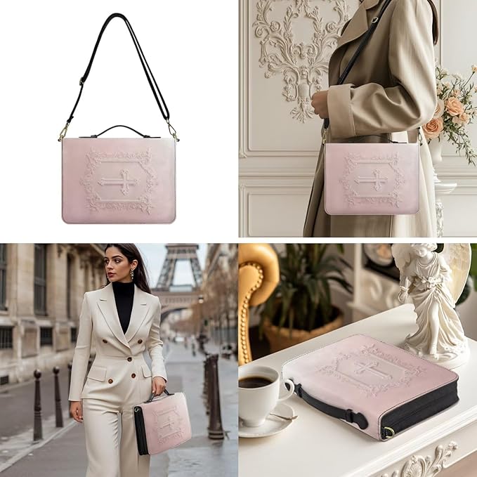 Medium PU Leather Bible Covers for Girls, Pink Bible Case with Strap and Handle, Faux Embossed Crucifix Print Book Protecto with Inner Pockets and Pen Loop, Biblia Study Supplies