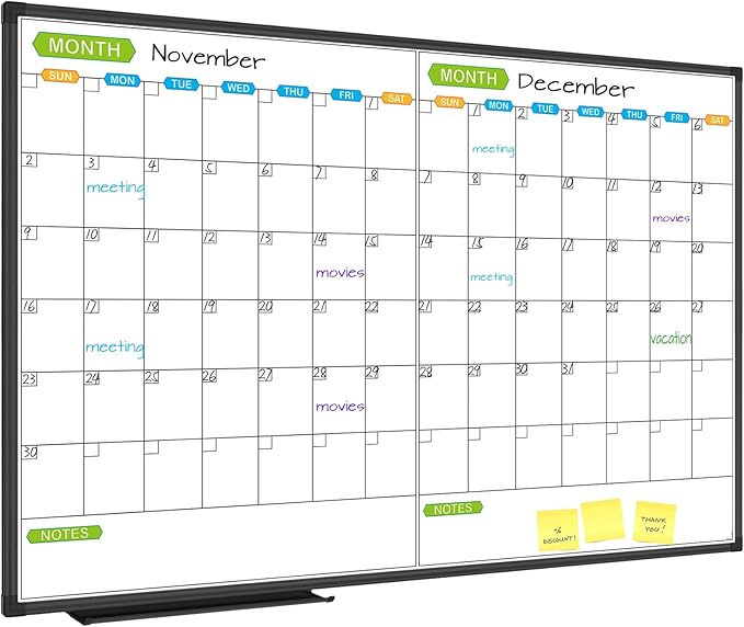 JILoffice Magnetic Dry Erase Calendar Whiteboard, 2 Month White Board Planner 48 X 31 Inch, Black Aluminum Frame Wall Mounted Board for Office Home and School