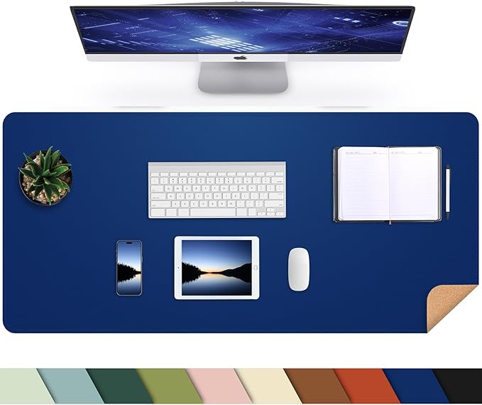 AFIING Cork Desk Mat, Sapphire Blue, 35.4" x 17" | Natural Cork & PU Leather, Non-Slip, Waterproof, Large Mouse Pad for Office, Home & Gaming
