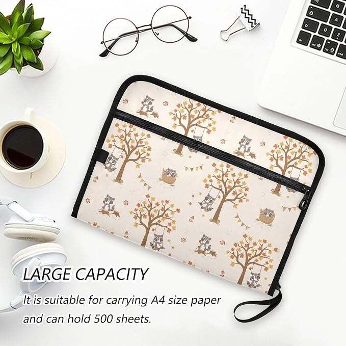 Cute Racoon Woodland Cartoon File Folders,Plastic Folders with 13 Pockets,Expandable File Folder for Documents School Students Office,Aesthetic Folder with Labels A4 Letter Size