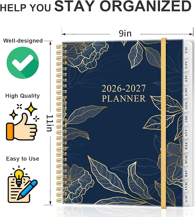 Academic Planner 2026-2027 - Weekly & Monthly Planner from July 2026 to June 2027, Agenda 2026 2027 with Inner Pocket, Elastic Band, 8.5" x 11", Blue Gold Leaf