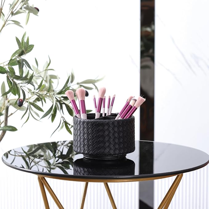 Spinning Pencil Holder, PU Leather 360 Degree Rotating Remote Control Holder for Table with 4 Compartments, Cute Pen Holder Desk Organizer, Black PH116