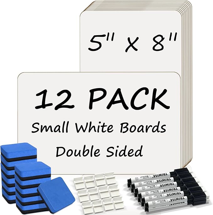 Portable Small White Board 5"x8" for Students, Personal Whiteboard Mini Lightweight Double Sided, Dry Erase Board for Kids Classroom, Individual Lapboards for Teaching with Eraser and Marker (12 Pack)