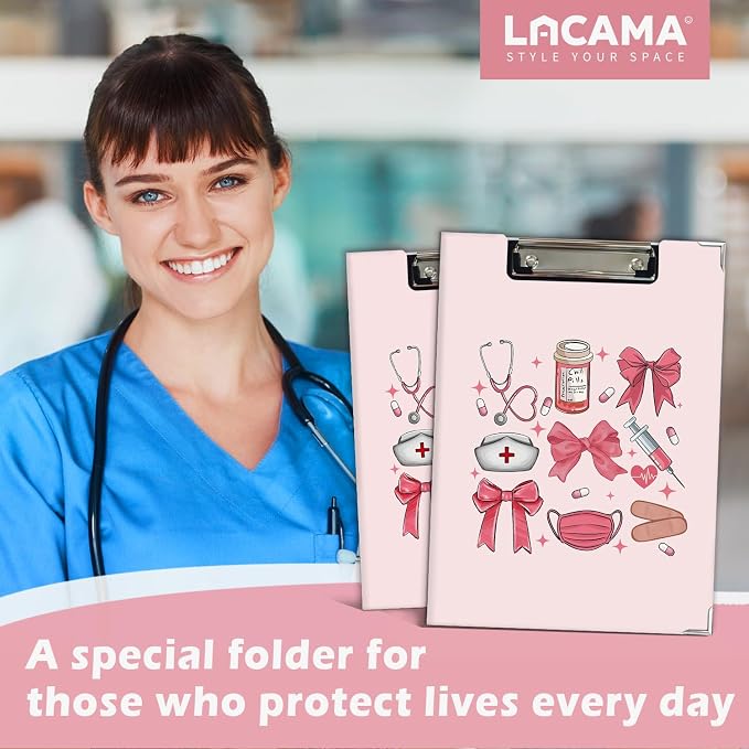 Lacama Coquette Nurse Clipboard GIFS for Women, Pink Bow Nursing School Office Supplies, Preppy Girly Project Folders with Metal Clip for Office Classroom Desk, 12.4x9.25 in