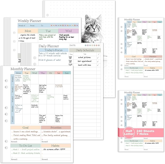 ADHD Half Letter Planner Refill Pages Planner Inserts 5.5" x 8.5" for 3/7 Ring Binder Daily Weekly Monthly 240 Sheets/480 Pages Undated Planners Colorful To Do List 7-Hole Refill Paper 120 GSM Thick Loose Leaf Paper Punched for 3 Months Neurodivergent ...