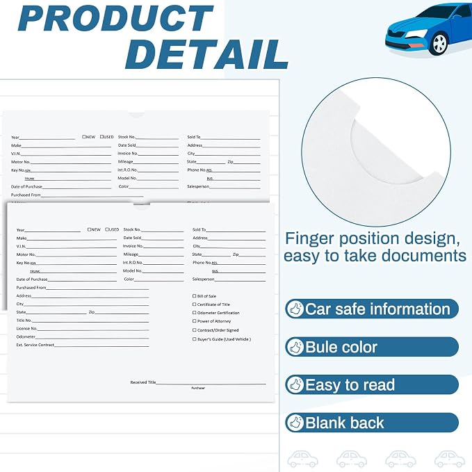 Watersay 120 Pcs 9 x 12 In Vehicle Dealer Jackets for Car Sales 32lb Colored Printed Deal Envelopes Dealership Supplies File Jackets Automotive Folders for Car Dealerships (Classic,White)