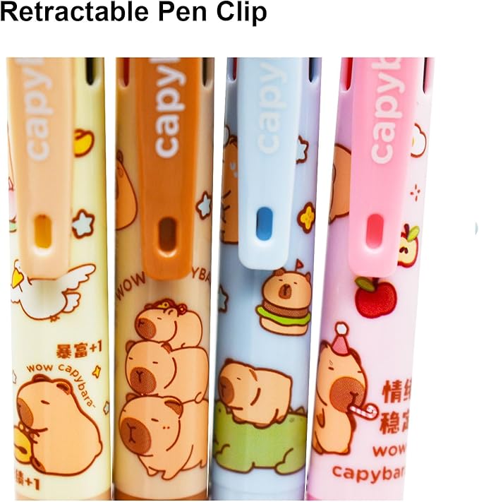 Maydahui 4 Pcs 3 Colors Cute Capybara Erasable Pens Multicolor 3-in-1 Retractable Pen 0.5mm Black Blue Red Ink 4 Styles Kawaii Cartoon Animal Pens for Sutdents Birthday Gifts Shcool Office Supplies