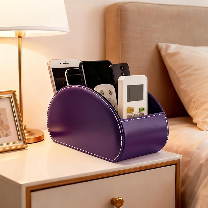 BONNY DODO Remote Control Holders Organizer Box with 5 Compartment PU Leather Multi-functional Office Desk Storage Caddy Store (Dark Purple)