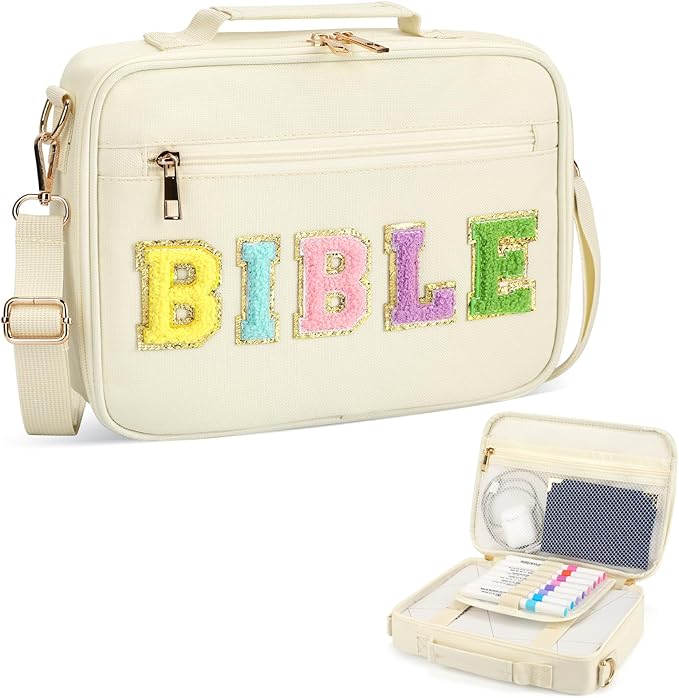Bible Cover Case for Women Grils, Preppy Bible Bag with Adjustable Shoulder Strap, Waterproof Bible Carrying Tote Bags Holder for Bible Study Supplies Accessories & Christian Gifts (Beige)