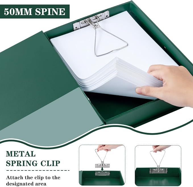 Storage File Boxes 6 Pack, Foldable File Boxes with Lid, 50mm Spine, Archives Cases with Magnetic Closure & Clip, Plastic Document File Folder Paper Storage Organizer, Green