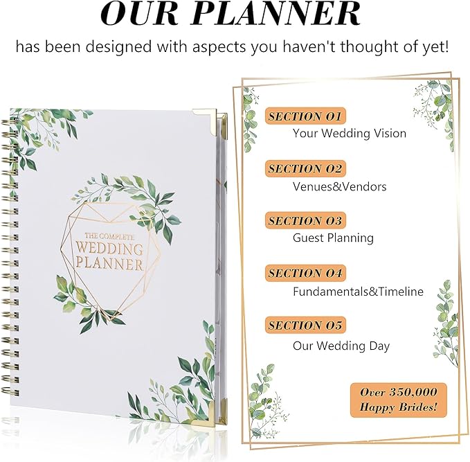 Wedding Planner Book and Organizer for Bride, Wedding Planning Binder with Tabs, Checklists, Countdown Calendar & Pocket, Engagement Unique Gifts for Couples, Bridal Wedding Planners Essentials