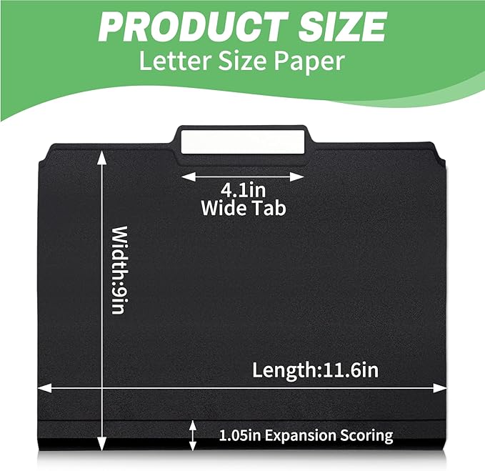 Black File Folders, 6-Pack, 1/3 Tab Filing Folders for 8.5x11 Letter Size Documents, Great for Organizing and Easy File Storage (18 Pack)