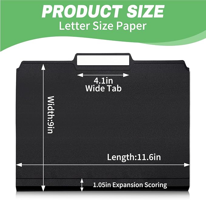 Black Folders 8.5 x 11 Inch, 1/3 Cut Tab File Folders Letter Size with Labels, Assorted Colors School Business Office Folders for Document