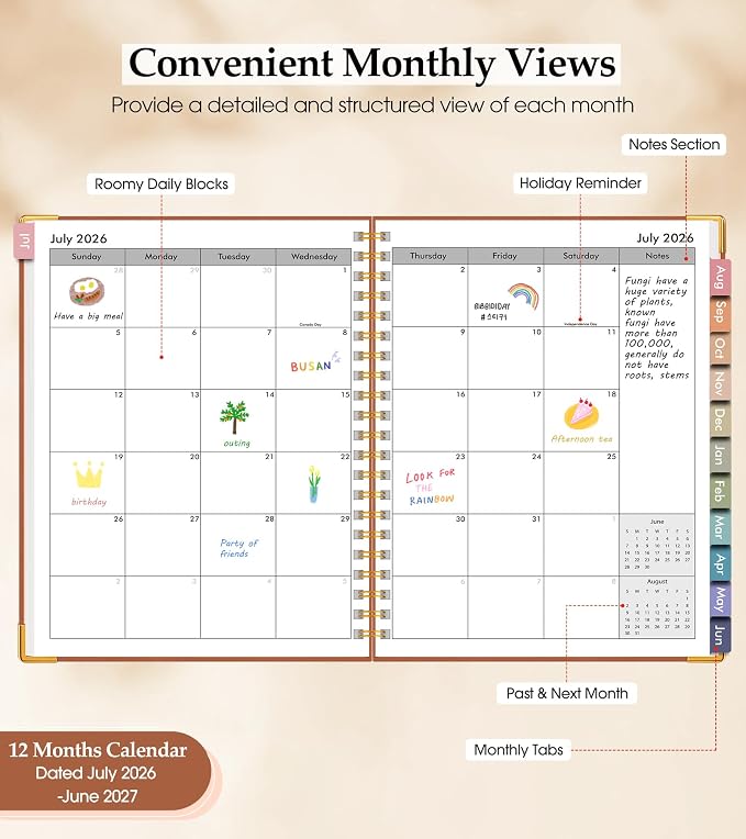 Academic Planner 2026-2027, Hardcover Leather Weekly and Monthly Calendar Planner from July 2026 - June 2027, A5 6.1" x 8.2" Daily Agenda with Tabs, College School Organizer for Student Teacher, Brown