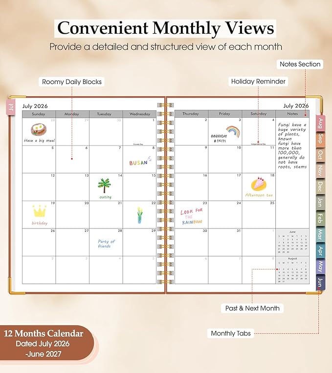 Academic Planner 2026-2027, Hardcover Leather Weekly and Monthly Calendar Planner from July 2026 - June 2027, A5 6.1" x 8.2" Daily Agenda with Tabs, College School Organizer for Student Teacher, Brown