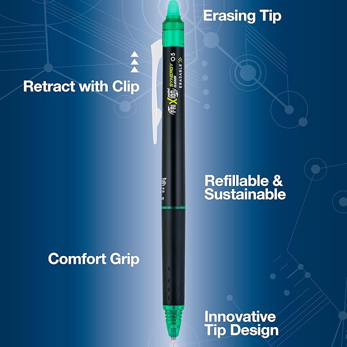Pilot, FriXion Synergy Clicker Erasable, Refillable, Retractable Gel Ink Pens, Extra Fine Point 0.5 mm, Pack of 12, Green Ink