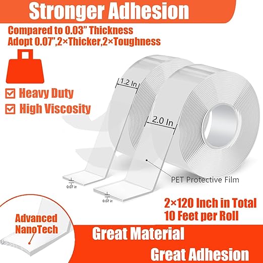 Double Sided Heavy Duty Extra Strong Adhesive Removable Tape - 1.2 & 2 Inch x 20 feet - Nano Tape for Poster Carpet Picture Hanging Strip Rug Wall Outdoor - Multipurpose Clear Mounting Tape